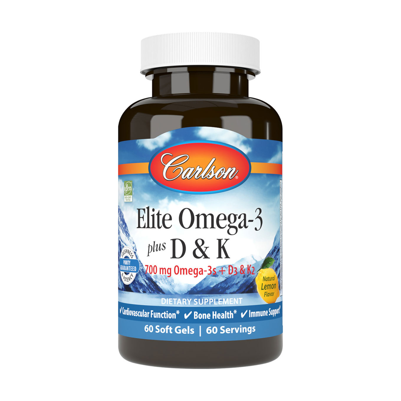 Омега-3 Carlson Labs Elite Omega-3 Plus D &amp; K з вітамінами D та K, зі смаком лимону, 60 гелевих капсул